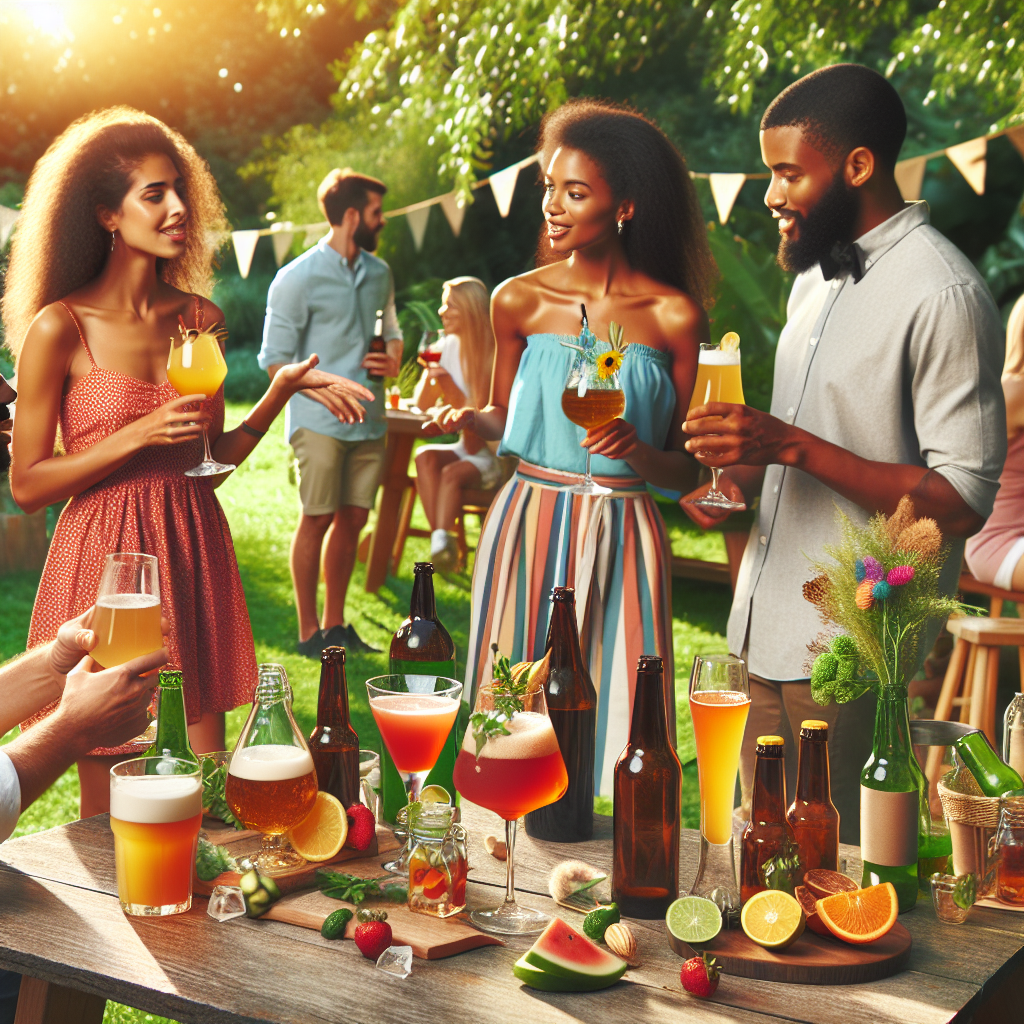 A vibrant beverage community gathering with diverse people sharing drinks and recipes outdoors.