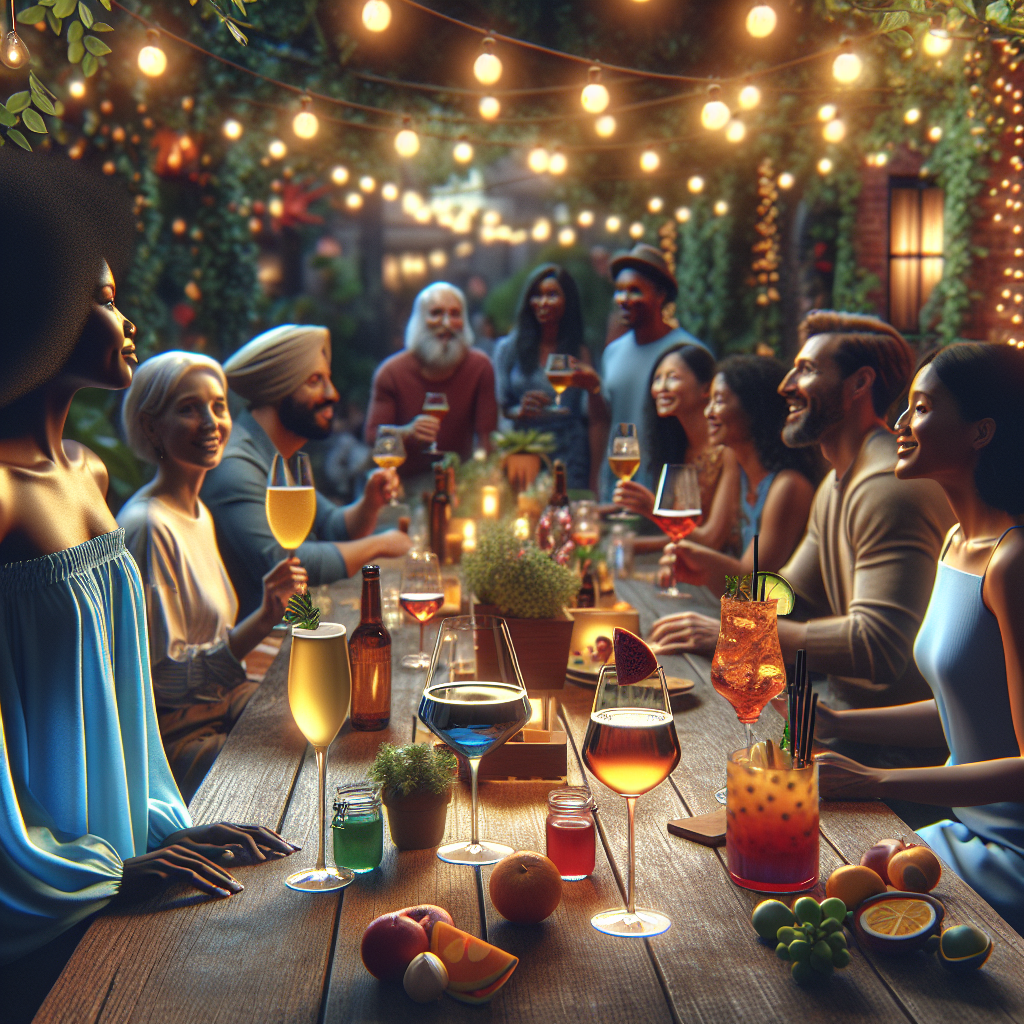 A vibrant beverage community around a wooden table filled with drinks and people enjoying together.
