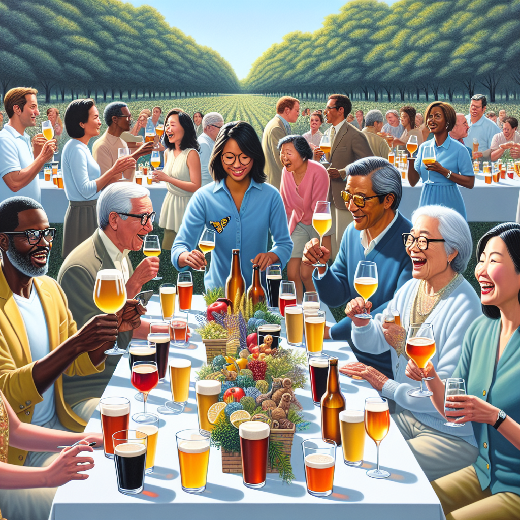 A group of diverse beverage enthusiasts at a tasting event, surrounded by various drinks.