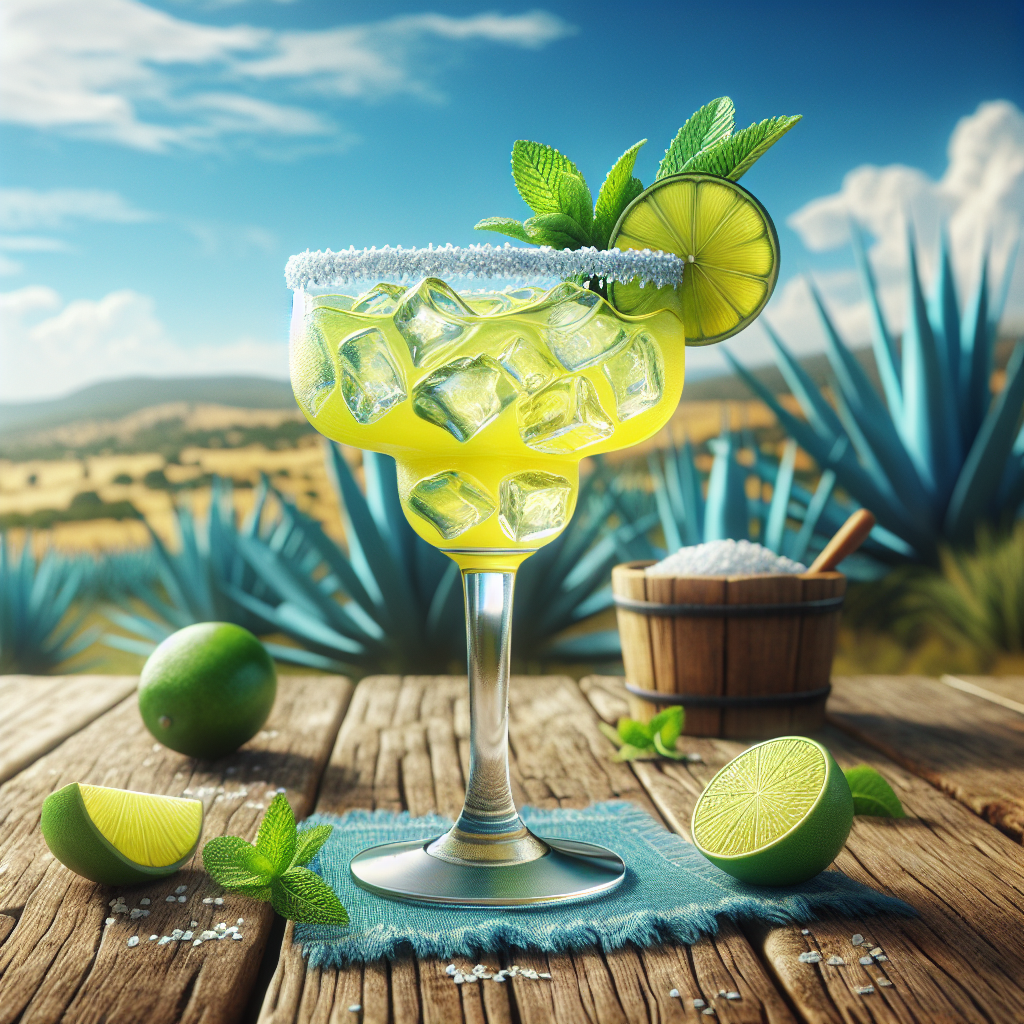 A vibrant margarita cocktail on a rustic wooden table with a sunny Mexican landscape in the background.