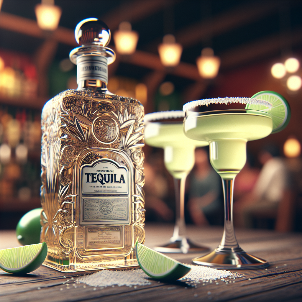 A bottle of tequila and two margarita glasses on a wooden table.