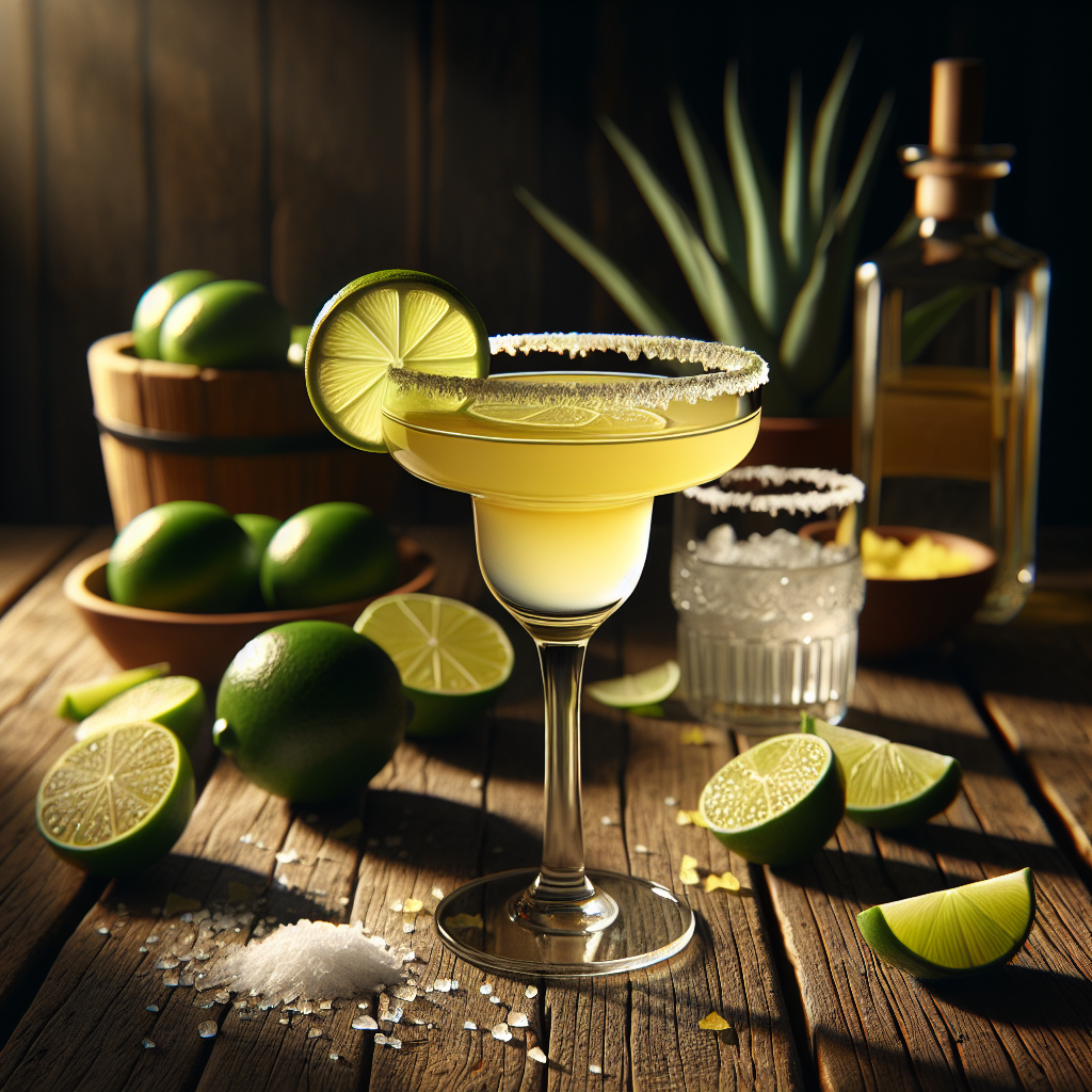 A margarita cocktail on a rustic wooden table with limes and blue agave plants.