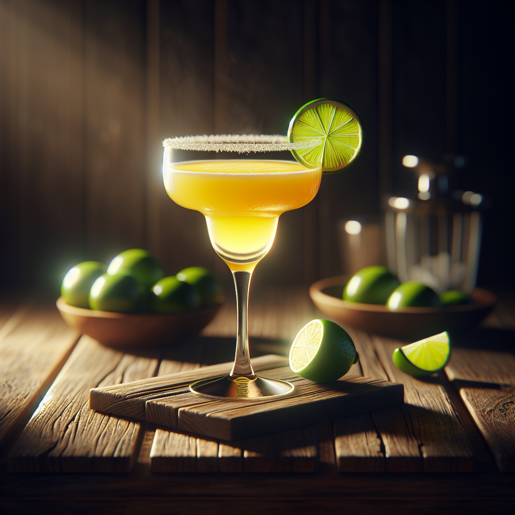 A margarita cocktail in a classic glass with a lime slice, set on a rustic wooden table.