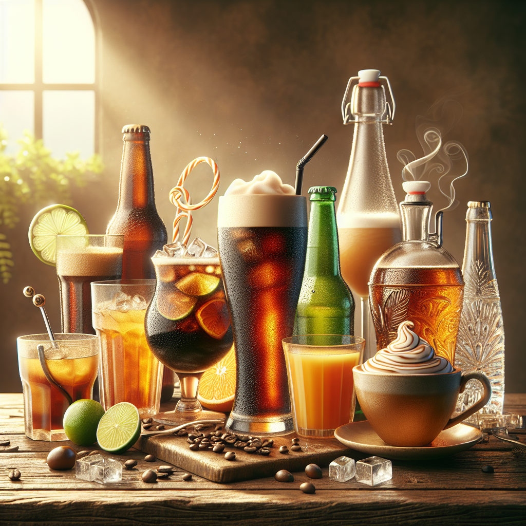 A variety of beverages displayed on a wooden table, including cola, orange juice, pale ale, coffee, tea, and sparkling water.