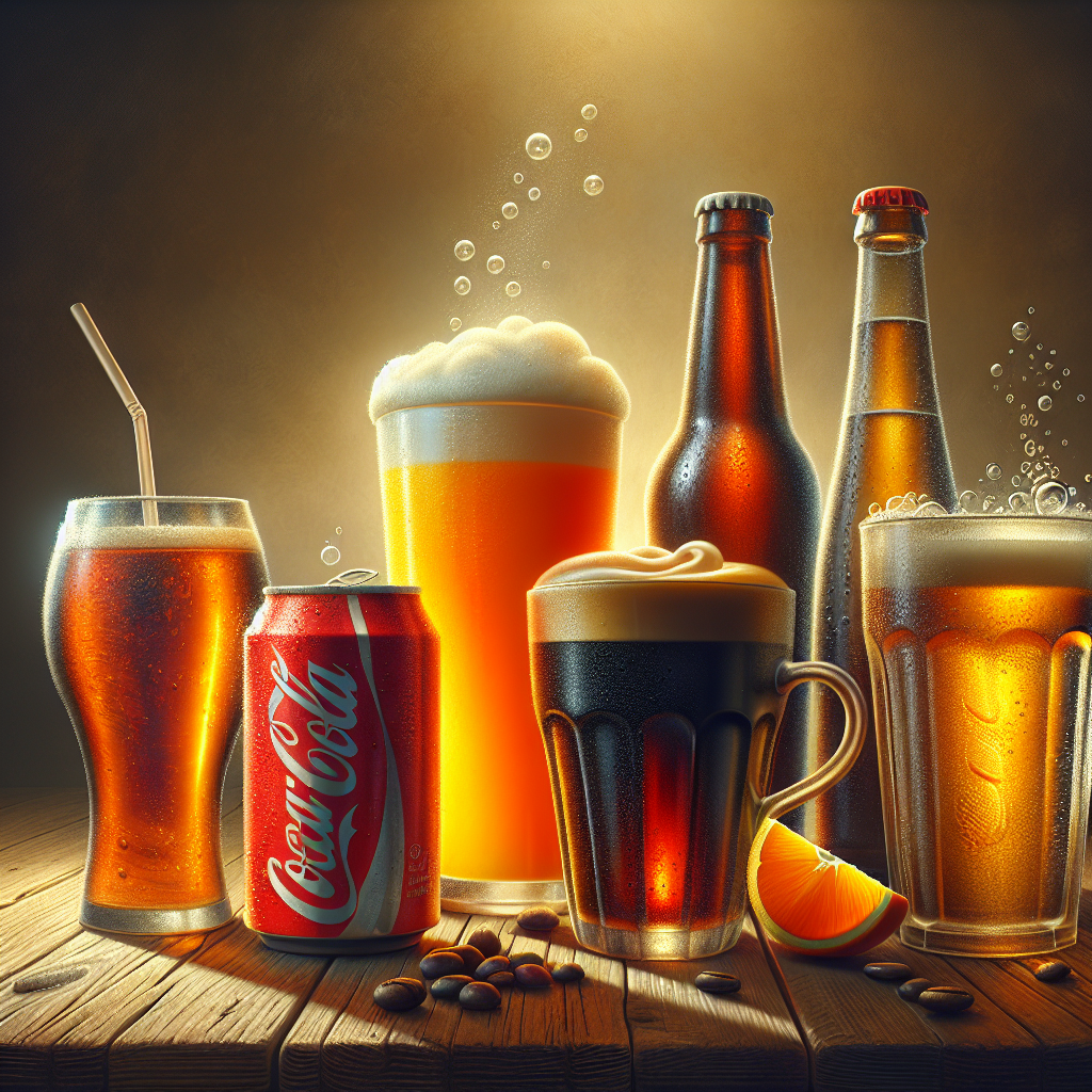 An array of different beverage types on a wooden table, including soft drink, orange juice, beer, coffee, and sparkling water.