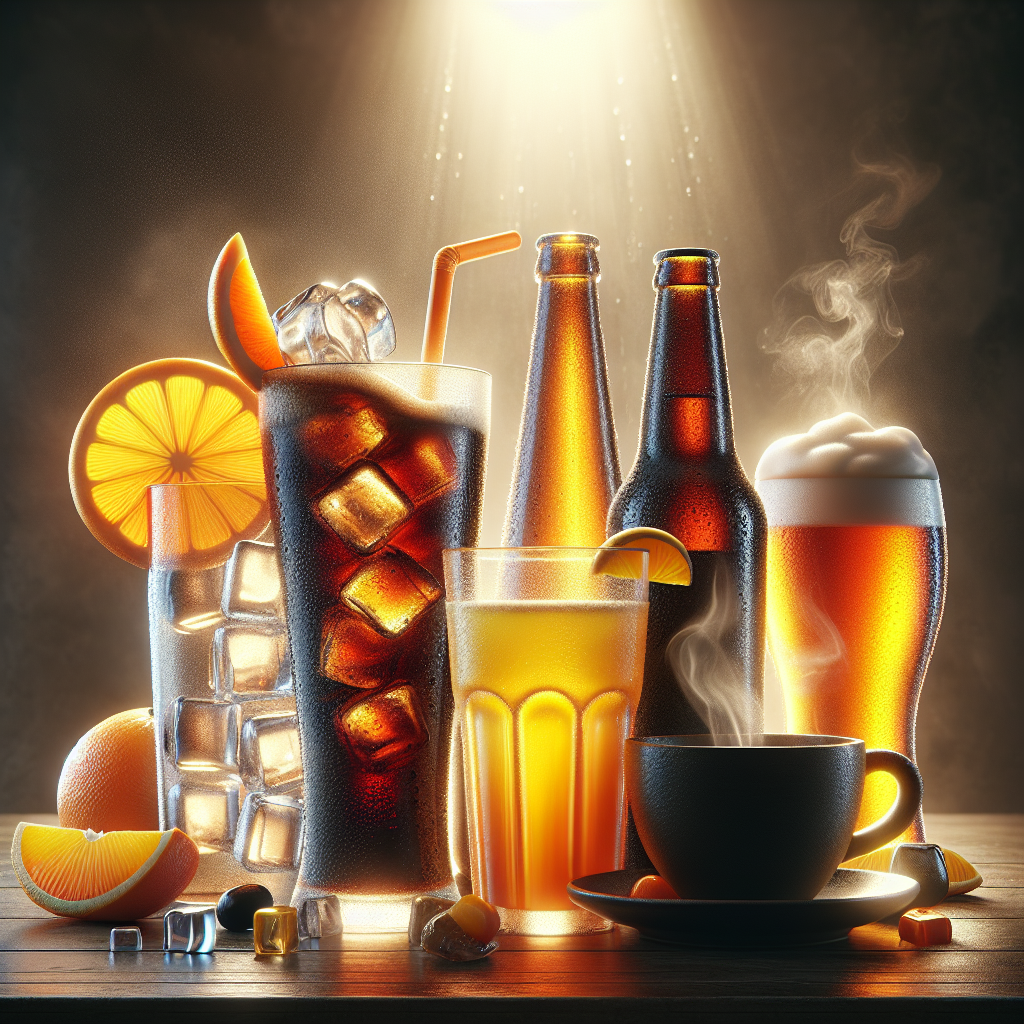 A variety of beverages including cola, orange juice, beer, coffee, and water on a wooden table.