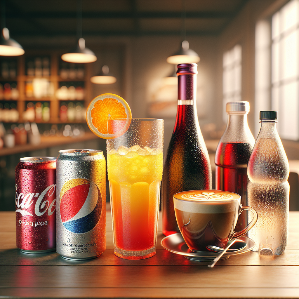 A variety of beverages displayed on a wooden table: soda, orange juice, wine, coffee, and water.