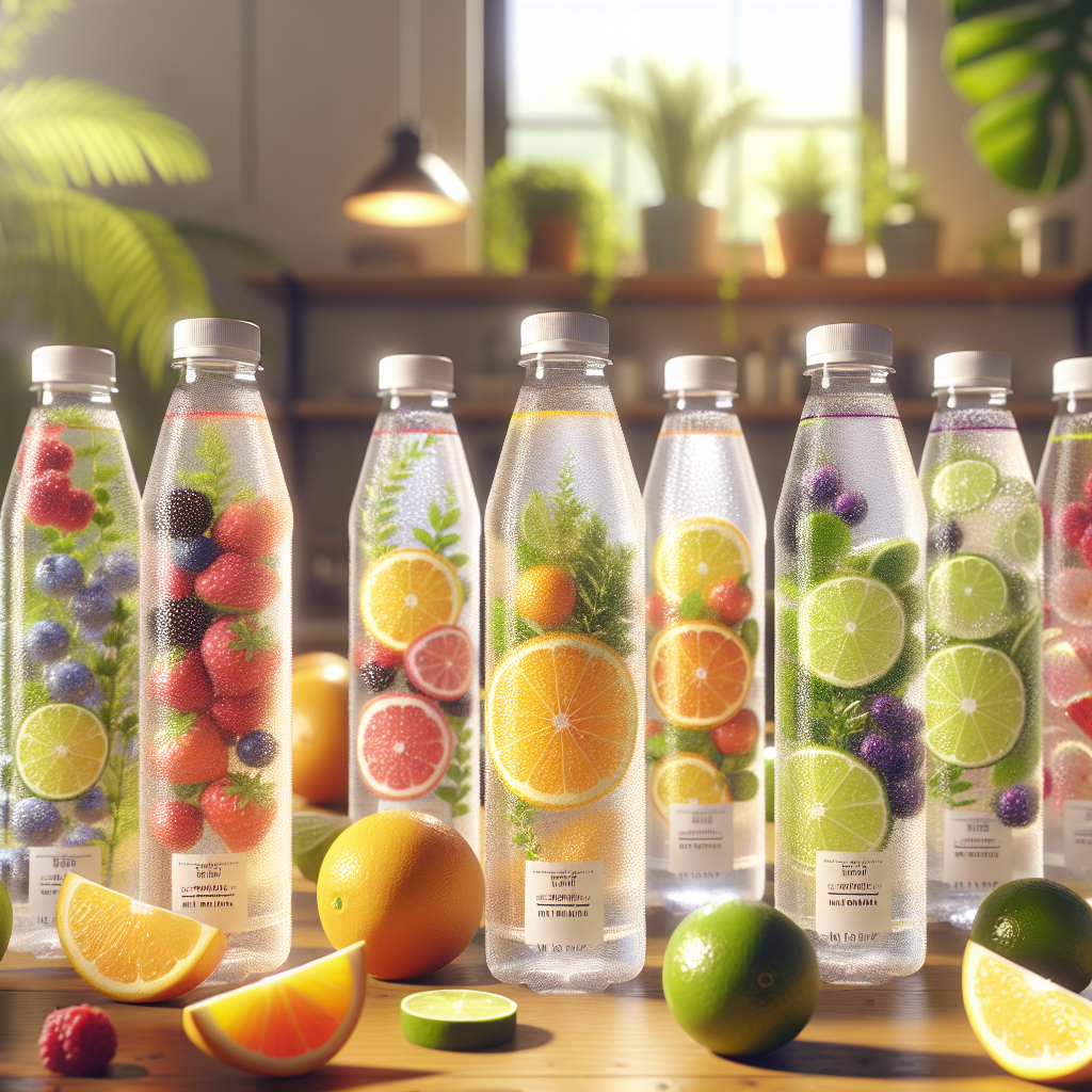 A collection of colorful flavored water bottles with fruits on a wooden table.
