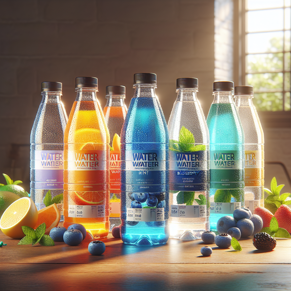 A variety of colorful flavored water bottles on a wooden table with fresh fruits and herbs.