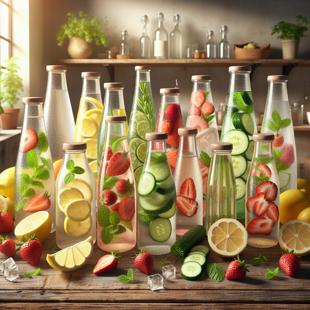 A collection of flavored water bottles with fresh fruits and herbs on a wooden table.