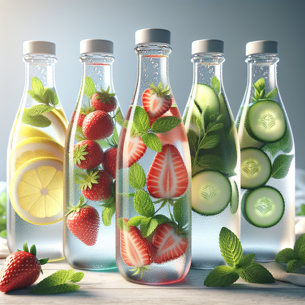 A variety of flavored water bottles with fresh fruits and herbs.