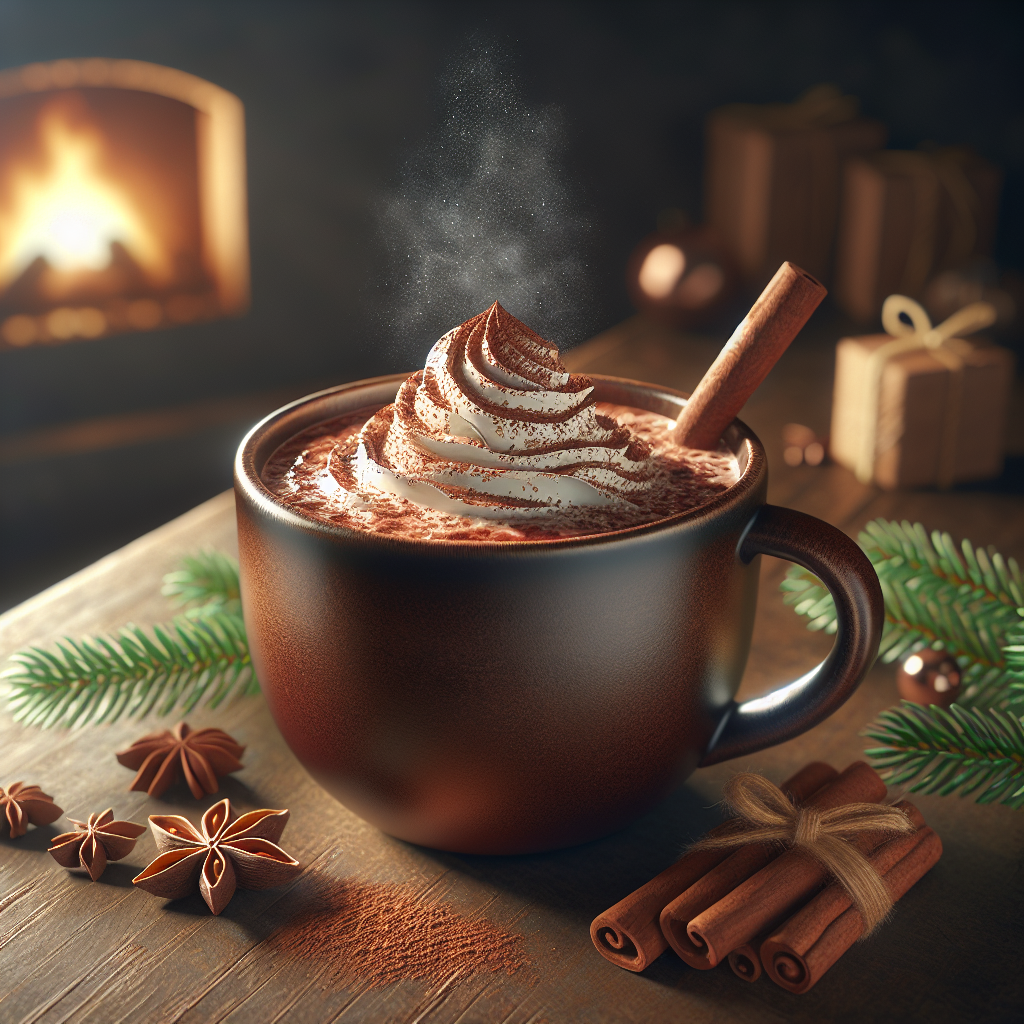 A steaming cup of hot chocolate with whipped cream on a wooden table beside holiday decor.