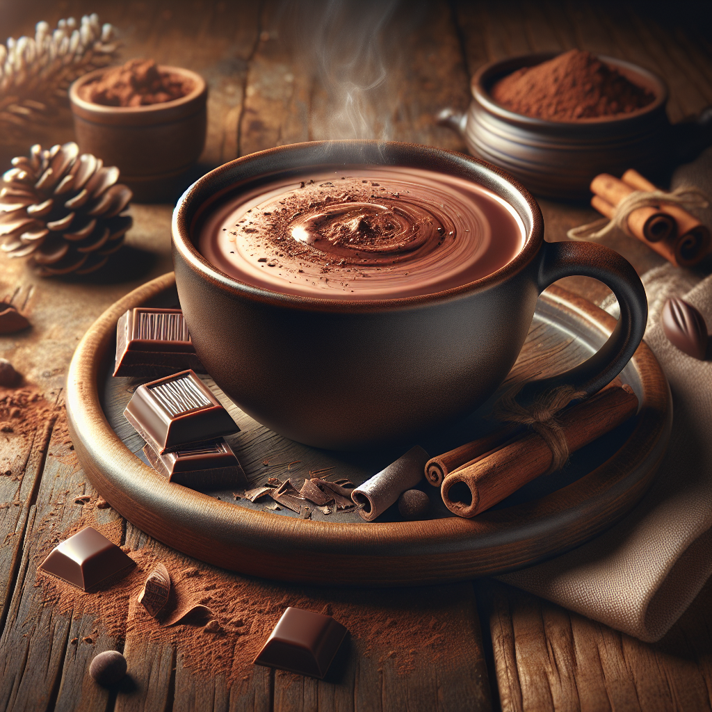 A steaming cup of hot chocolate on a wooden table, surrounded by cocoa powder and chocolate shavings.