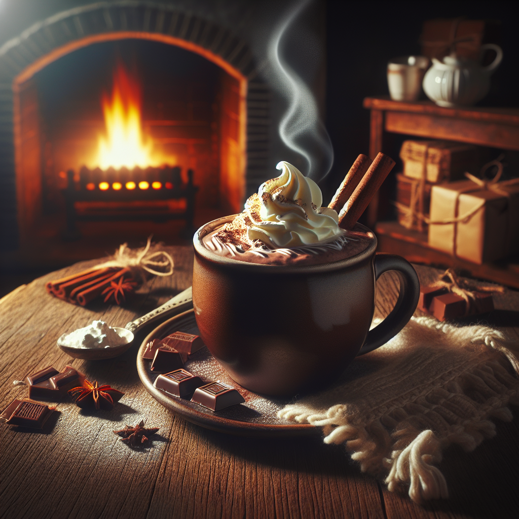 A steaming cup of hot chocolate with whipped cream in a cozy winter setting.