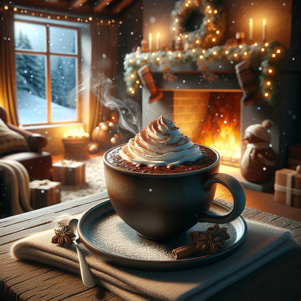 A steaming cup of hot chocolate by a fireplace in a cozy winter setting.