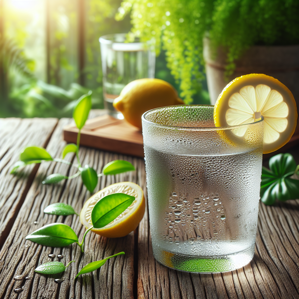 A glass of water with a lemon slice on a wooden table, surrounded by greenery.