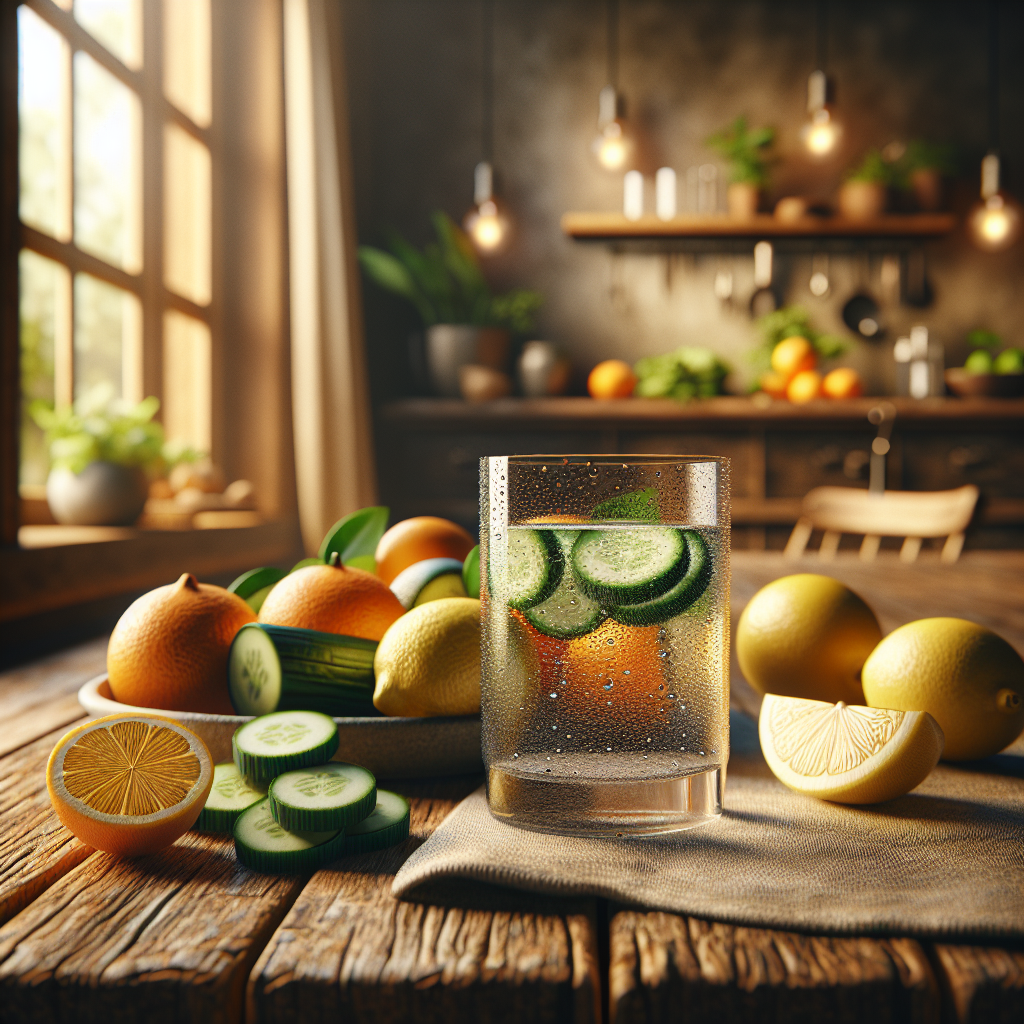 A clear glass of water on a wooden table surrounded by fresh fruits, including lemon, orange, and cucumber slices.