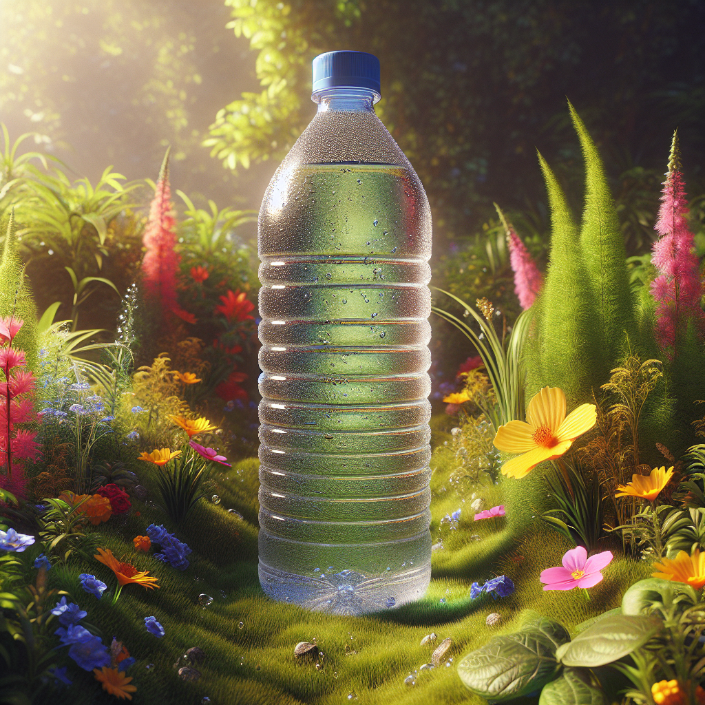 A water bottle filled with clear water in a natural setting with grass and flowers.
