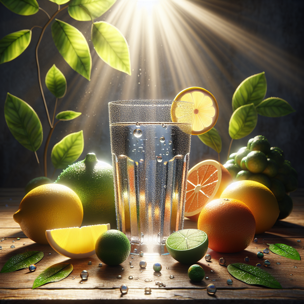 A glass of water surrounded by lemon, lime, and orange on a wooden table with a background of green leaves.