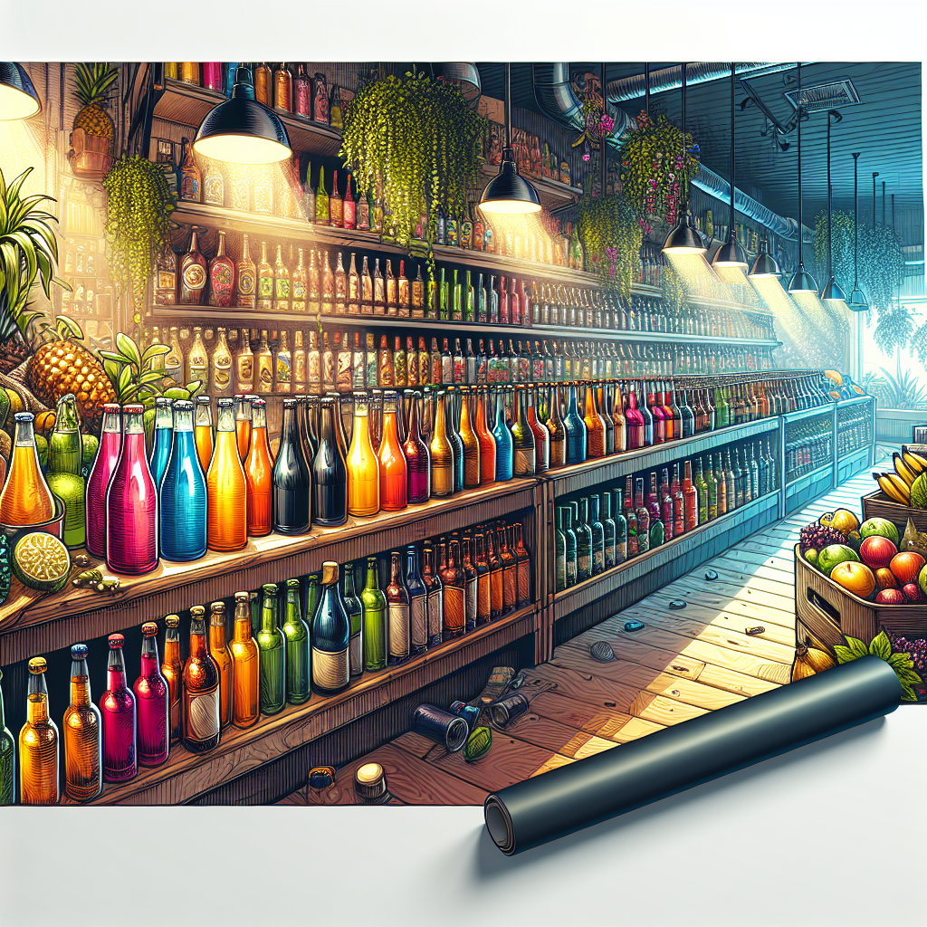 A bustling beverage market with various drinks on colorful shelves.