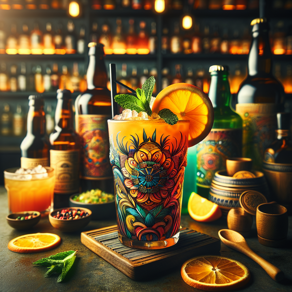 A vibrant bar scene with a colorful drink, craft beer bottles, and cocktail mixers.