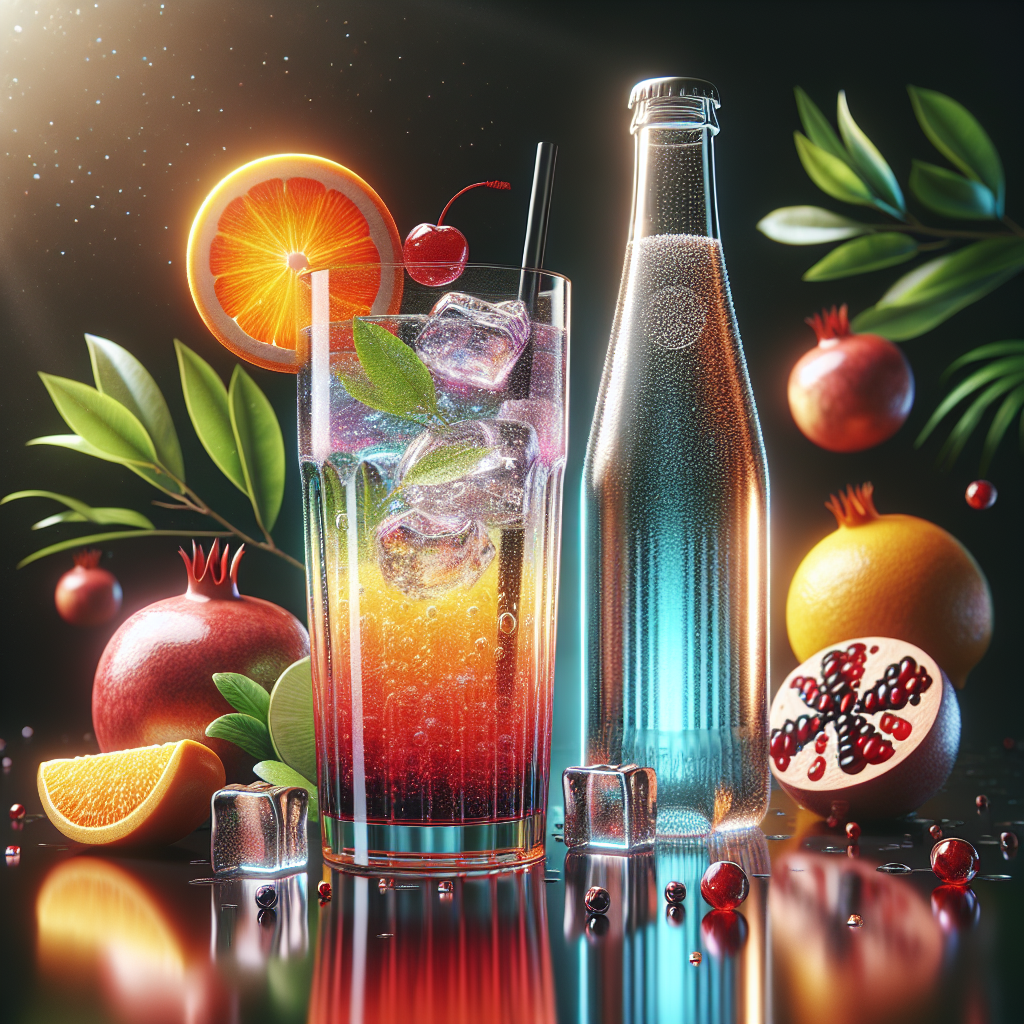 A colorful cocktail with a slice of orange and cherry next to a bottle of sparkling water, surrounded by fresh fruits and green leaves.