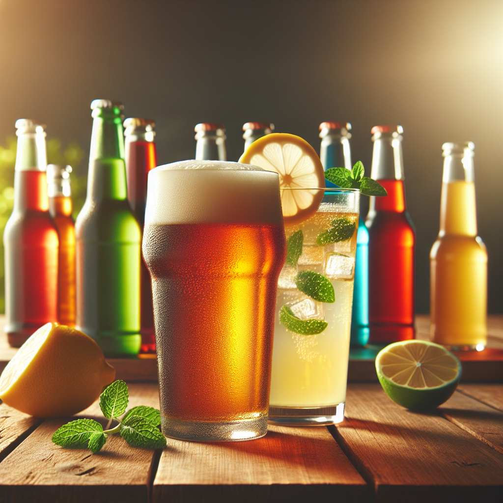 A variety of drinks displayed on a wooden table including craft beer, lemonade, and colorful bottles.
