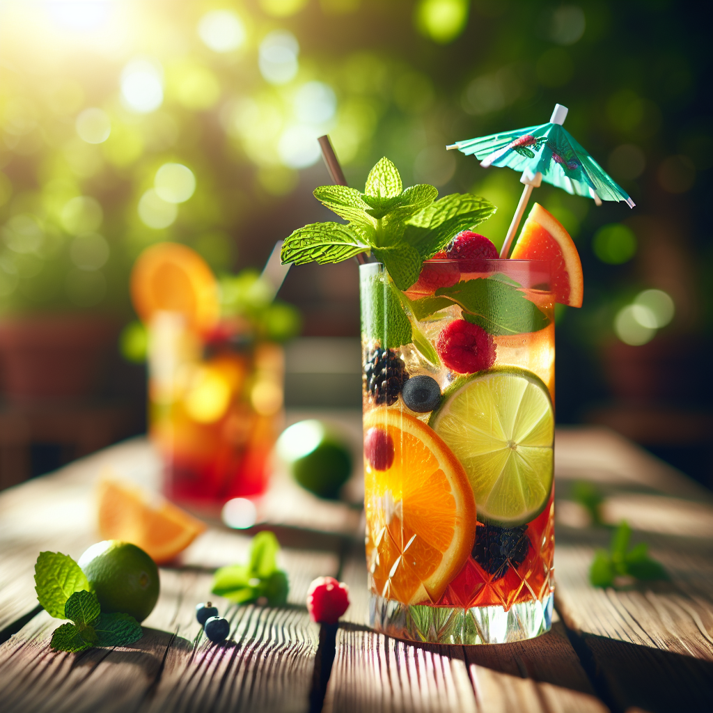 A vibrant mocktail in a glass with fruits and mint leaves, set on a wooden table with an outdoor background.