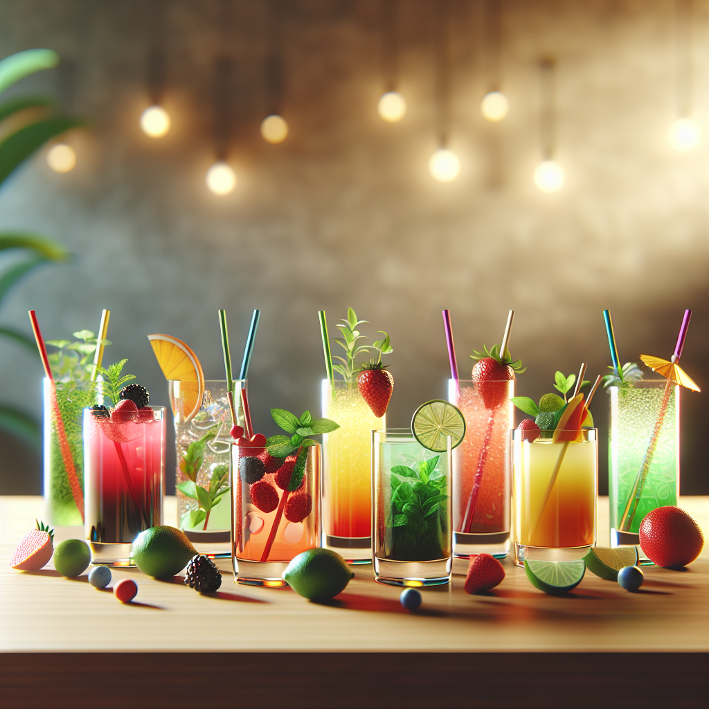A variety of colorful mocktails displayed on a wooden table.