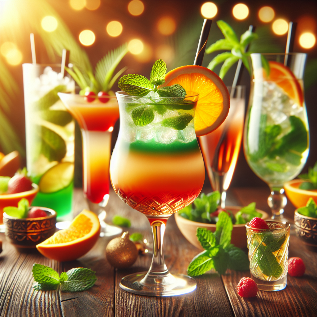 A table displaying various colorful mocktails in elegant glassware with fruit and herbs.
