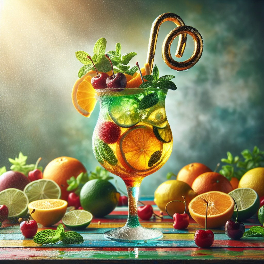 A colorful mocktail spread with fresh fruits and a glass of mocktail.