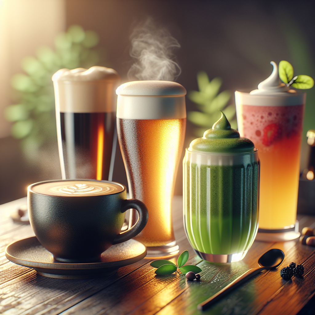 A selection of beverages including coffee, craft beer, matcha tea, and fruit smoothie on a wooden table.