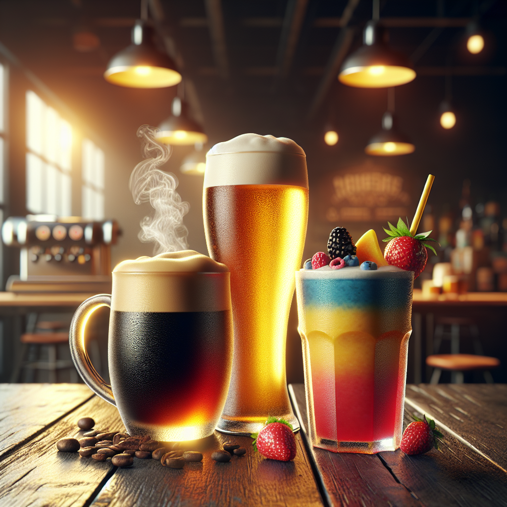 A variety of beverages: dark roast coffee, craft beer, and fruit smoothie on a rustic wooden table.