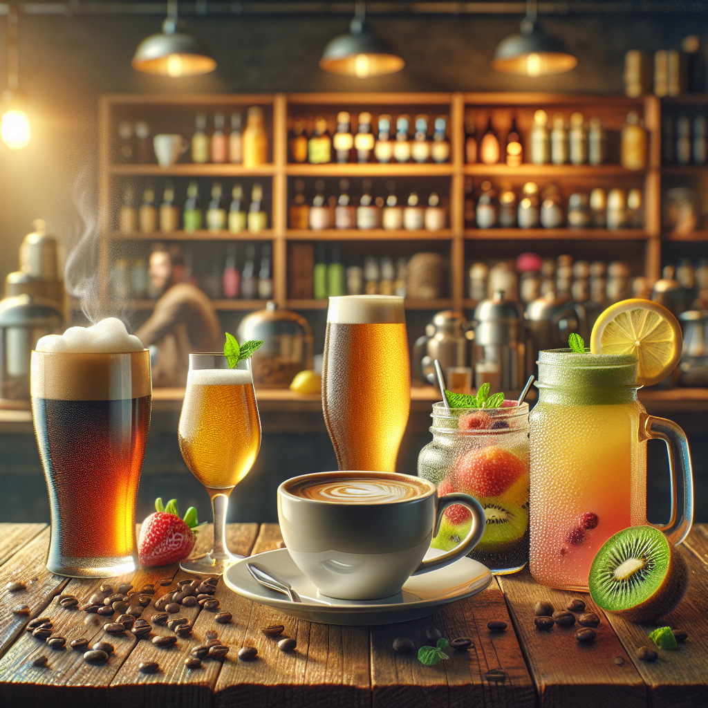 A vibrant beverage tasting scene with coffee, beer, smoothie, and sparkling water on a wooden table.
