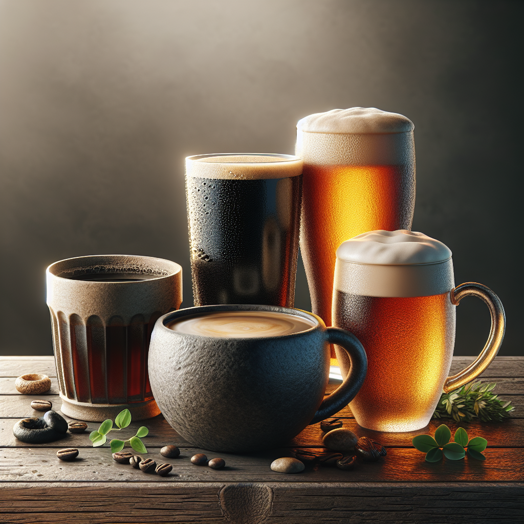 An array of beverages including dark roast coffee, craft beer, and herbal tea on a wooden table.