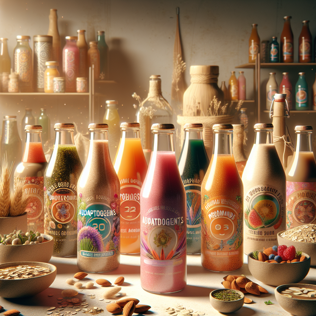 A collection of colorful functional beverages emphasizing sustainability and health in 2023.