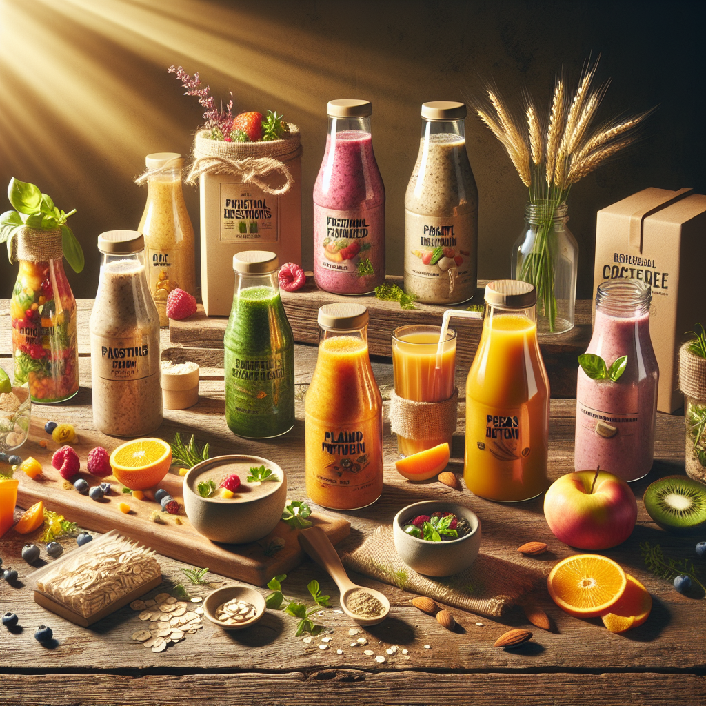 An assortment of functional and plant-based beverages showcasing the trends of 2023 on a rustic wooden table.