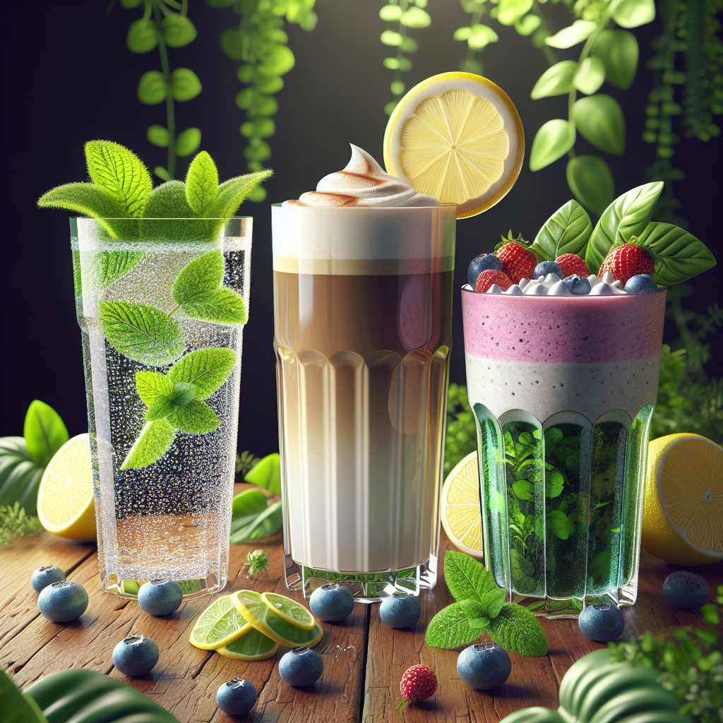 A vibrant display of functional beverages including sparkling water, oat milk latte, and colorful smoothie amongst green foliage.