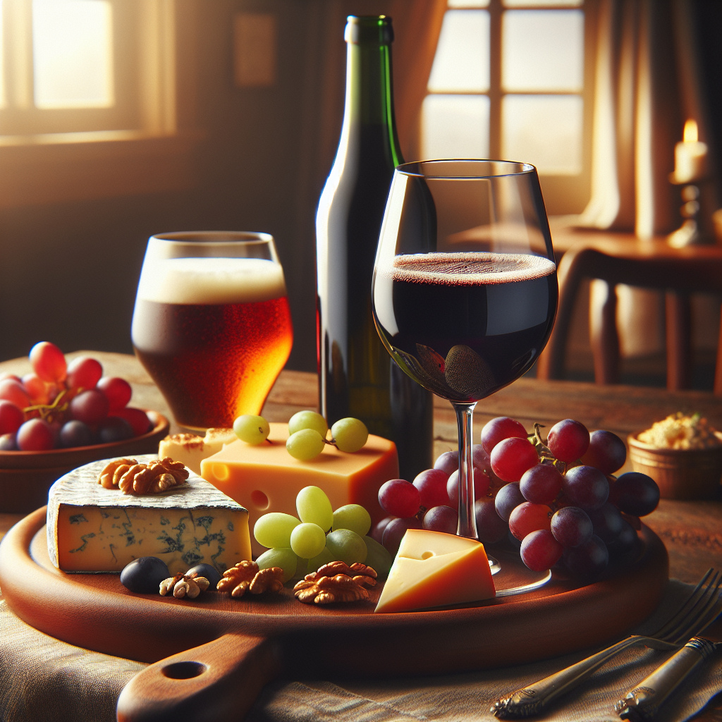 A beautifully arranged table with wine, cheese, and beer set in a cozy dining room.