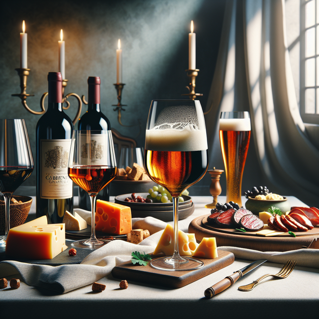 A beautifully set dining table featuring wine, cheese, beer, and barbecue meats.