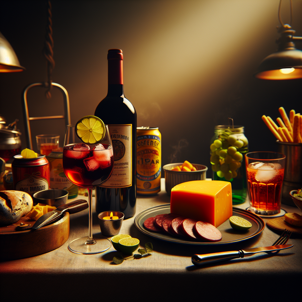 A table with beverages and food pairings: wine, beer, and cocktails.