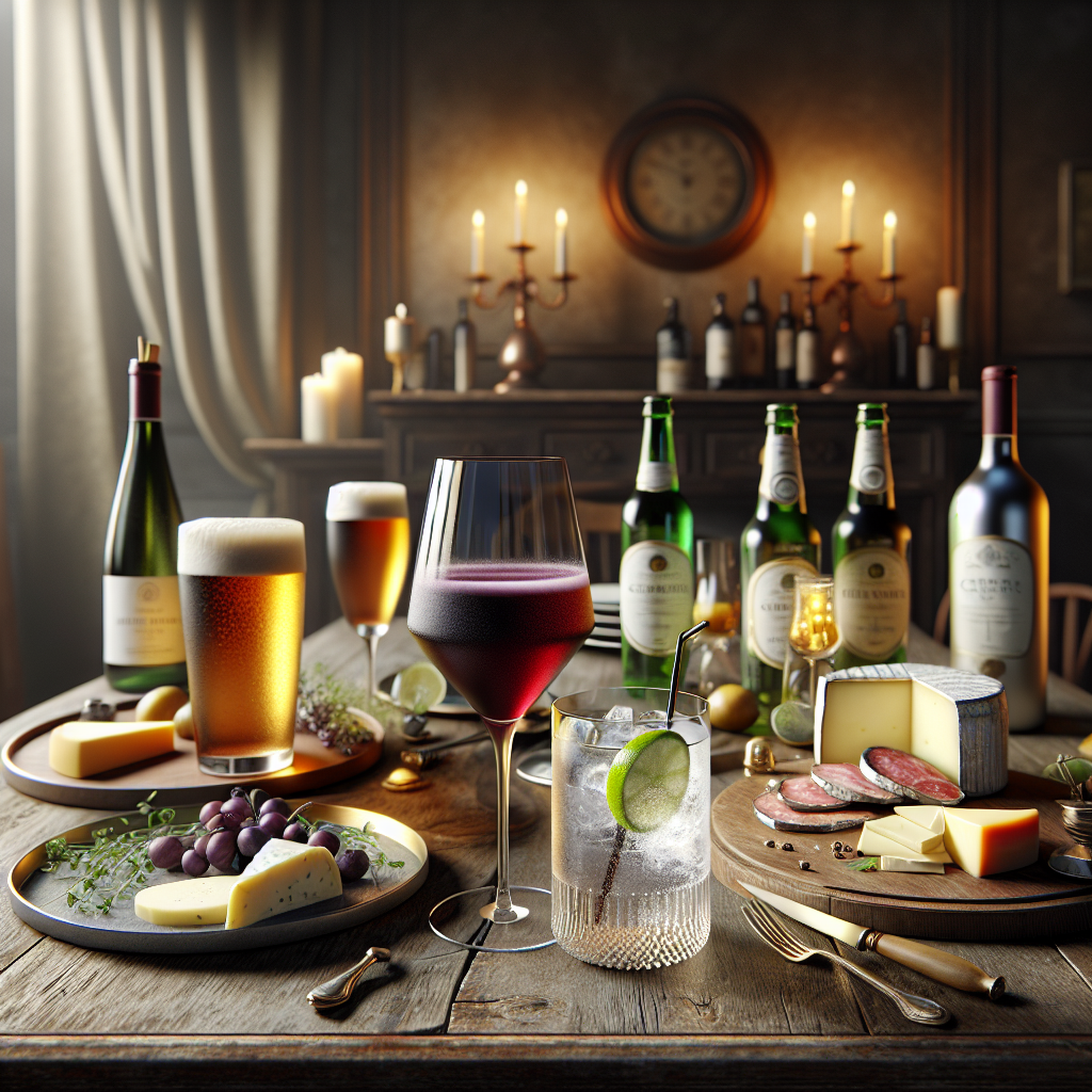 An elegant dining table with a variety of beverages and gourmet food arranged attractively.