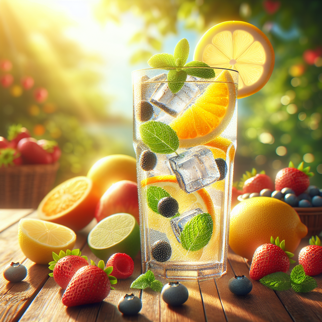 A tall glass of lemonade surrounded by colorful fruits on a sunlit outdoor table.