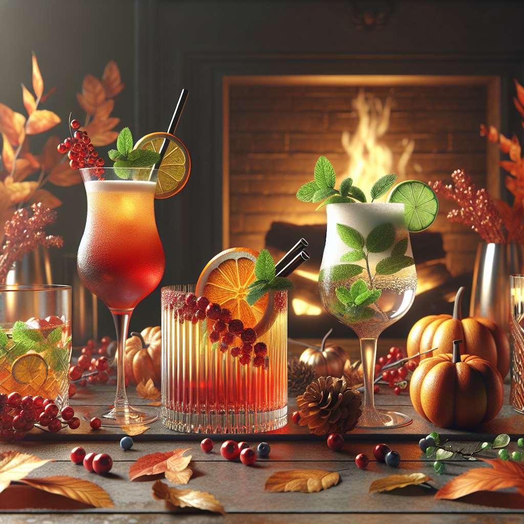 A collection of vibrant seasonal drinks on a table with a fireplace backdrop.