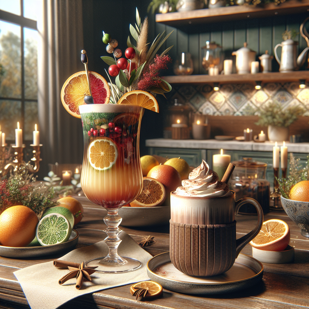 A table with seasonal drinks: a cocktail with citrus and berries and a mug of hot chocolate with whipped cream.