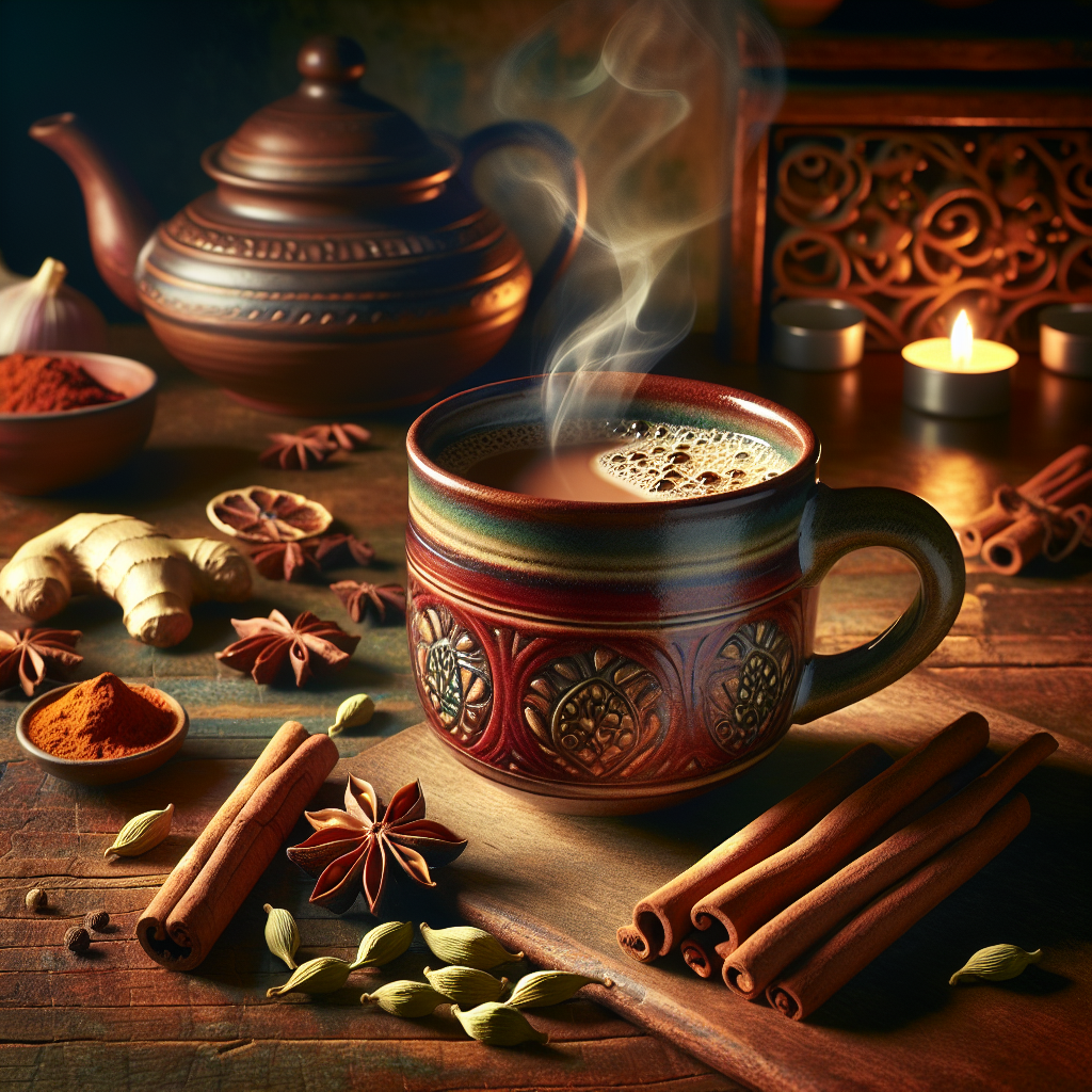 A steaming cup of chai tea surrounded by spices on a wooden table.