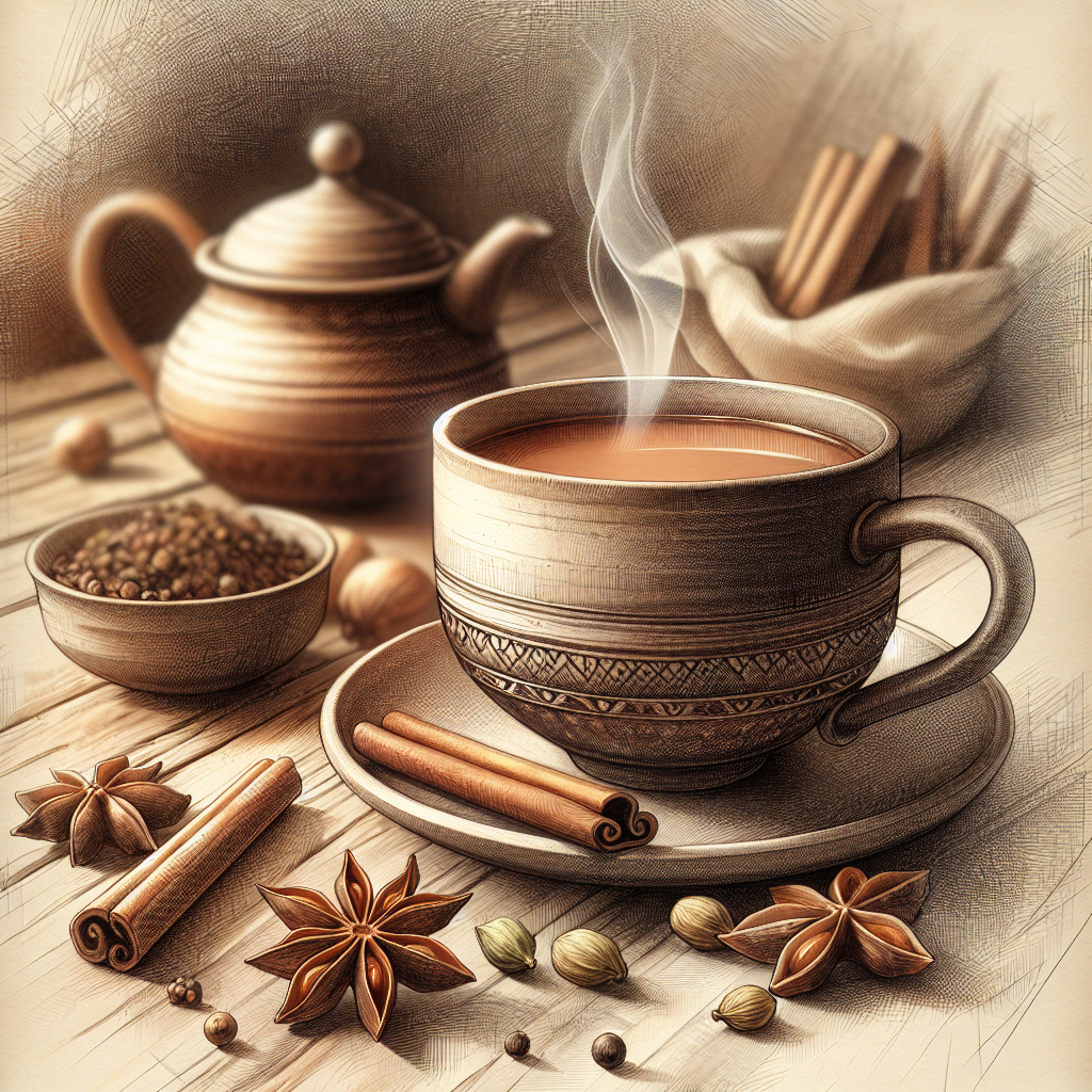 A cozy setting featuring a cup of chai tea surrounded by spices.