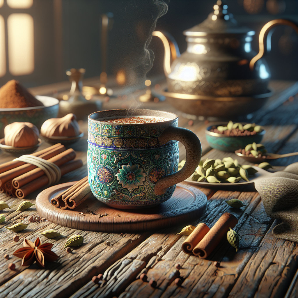 A steaming cup of chai tea with spices on a wooden table.