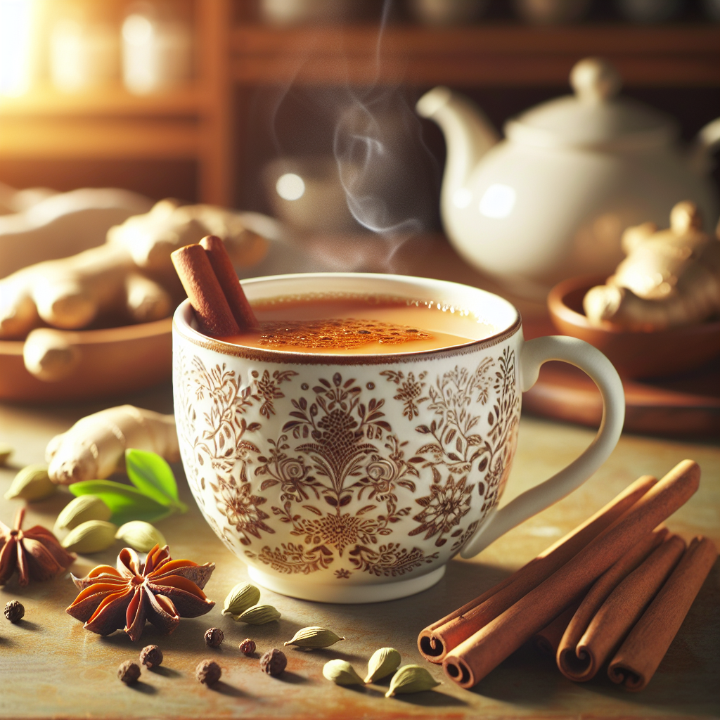 A steaming cup of chai tea surrounded by spices including ginger, cardamom, and cinnamon.