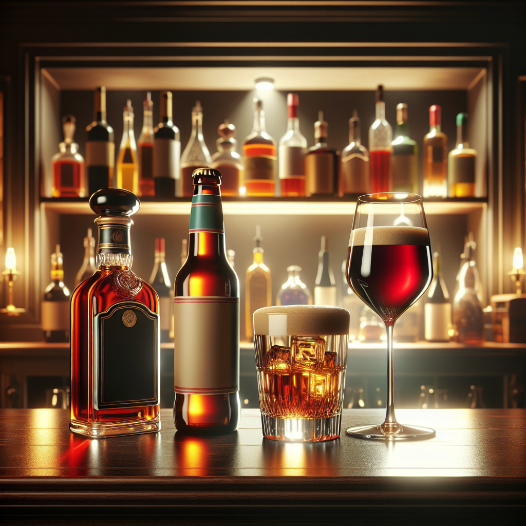 A sophisticated home bar with various high-quality beverages.